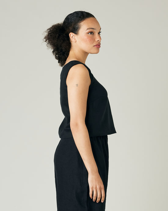 model wears black linen esme top