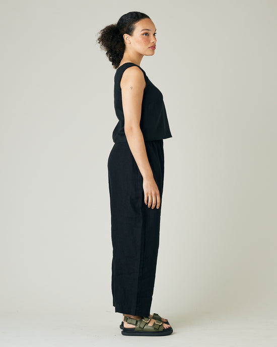 model wears black linen mabel trousers