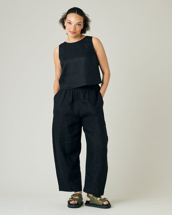 model wears black linen mabel trousers