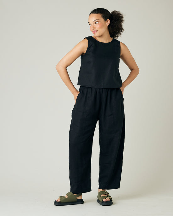 model wears black linen mabel trousers