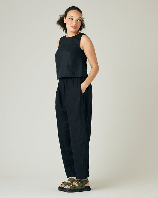 model wears black linen esme top