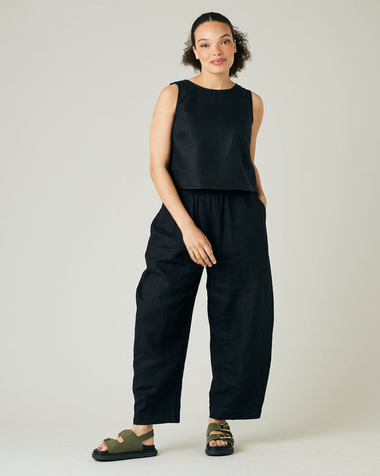 model wears black linen mabel trousers