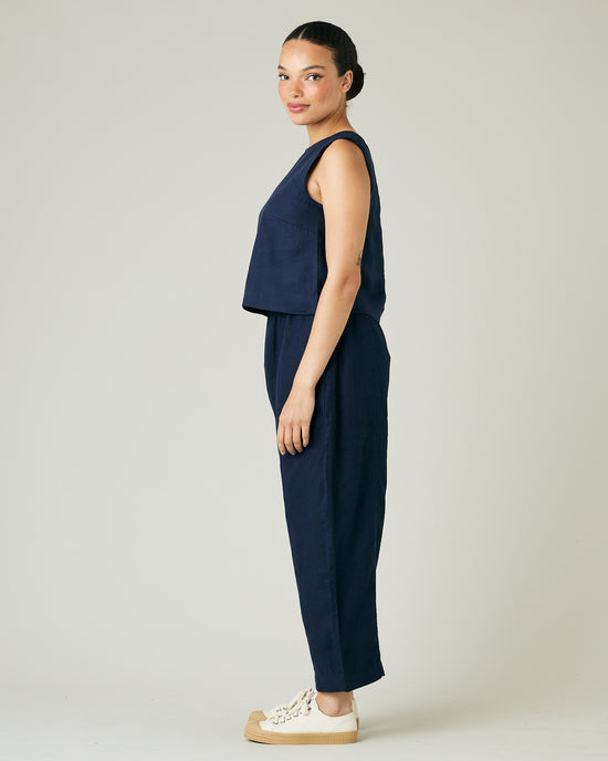 model wears navy linen mabel trousers