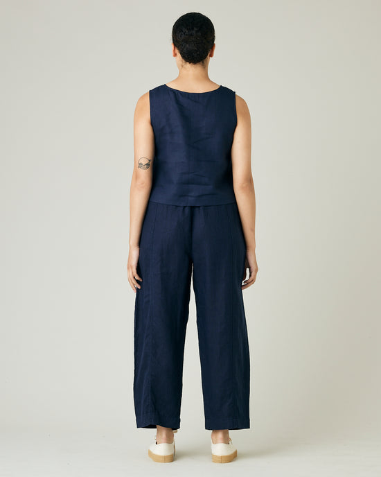 model wears navy linen mabel trousers