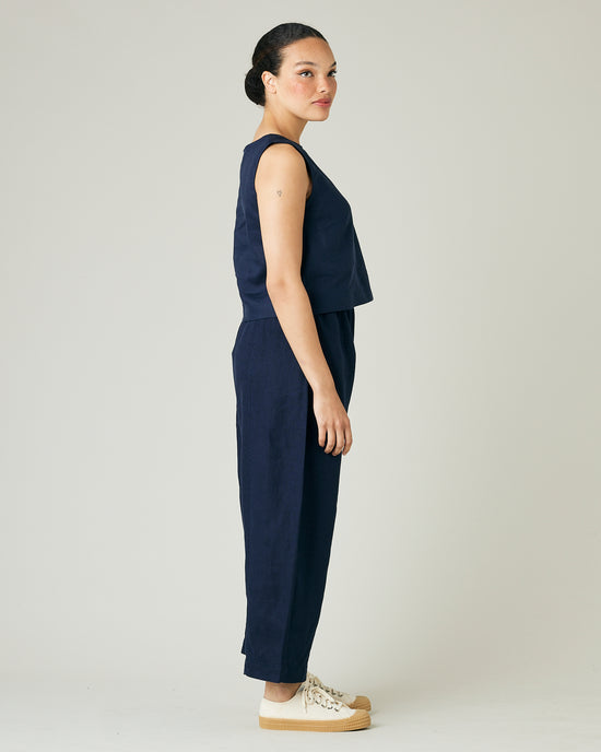 model wears navy linen mabel trousers