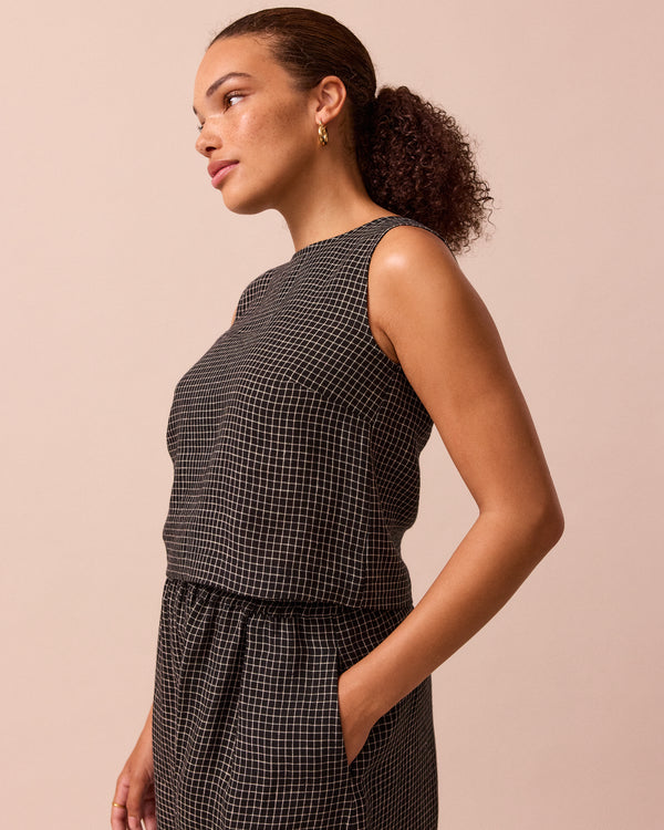 model wears esme black mini grid linen top