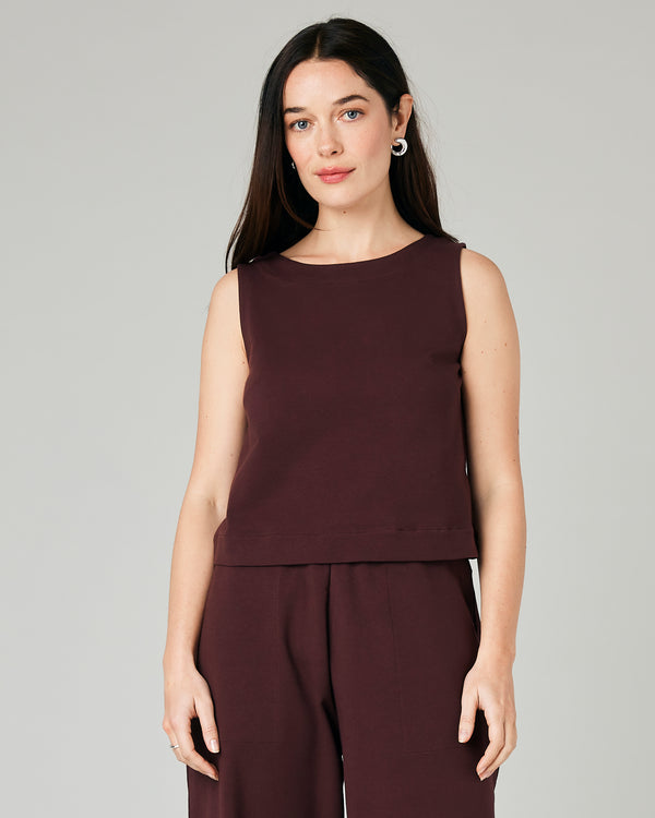 model wears burgundy jersey esme top