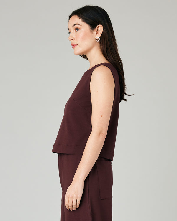 model wears burgundy jersey esme top