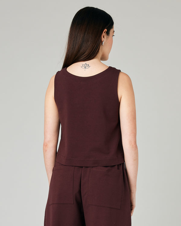 model wears burgundy jersey esme top