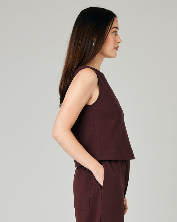 model wears burgundy jersey esme top