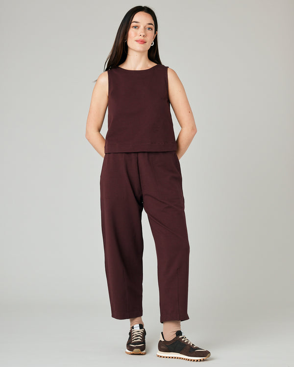 model wears burgundy jersey esme top