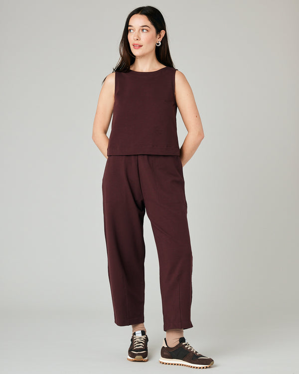 model wears burgundy jersey esme top