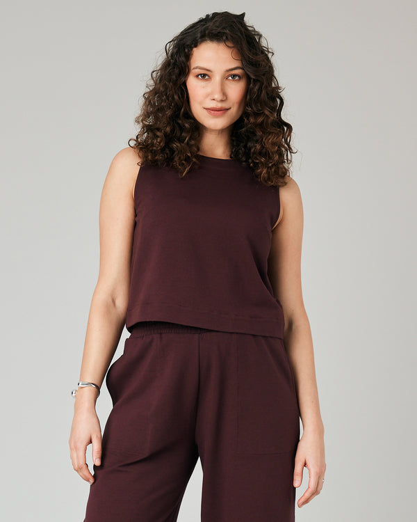 pregnant model wears burgundy jersey esme top