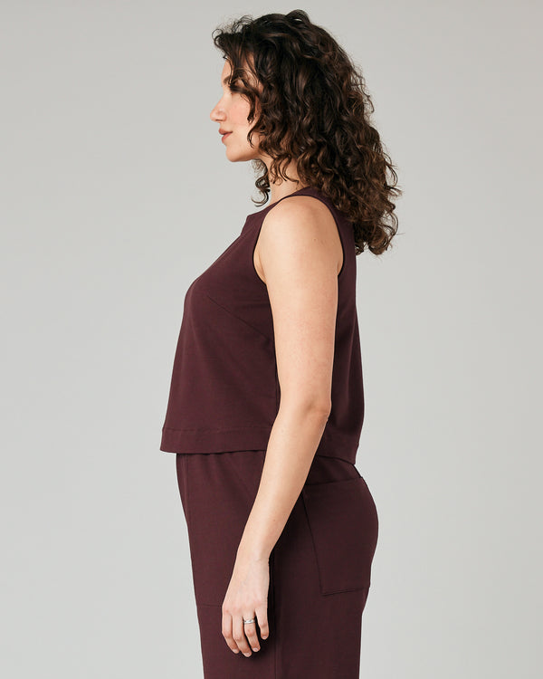 pregnant model wears burgundy jersey esme top