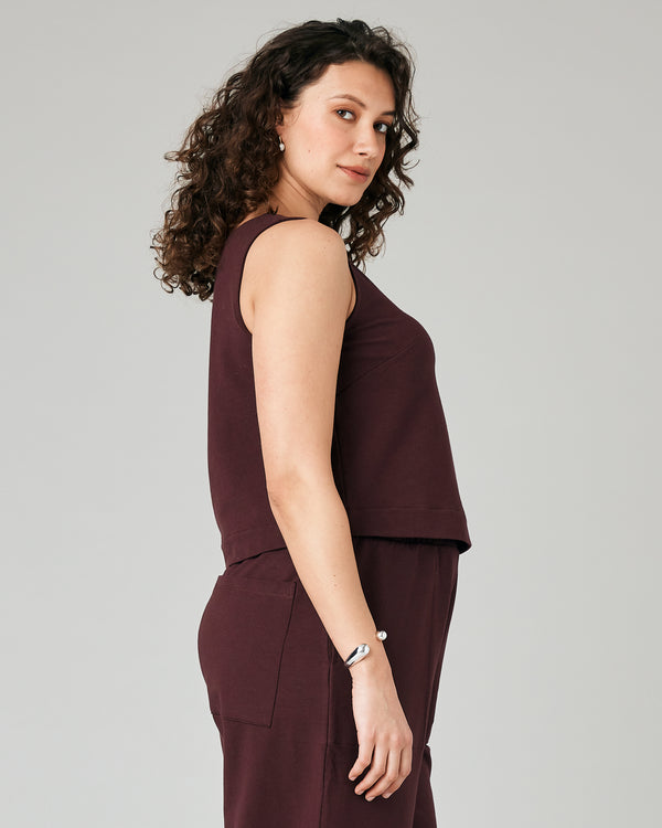 pregnant model wears burgundy jersey esme top