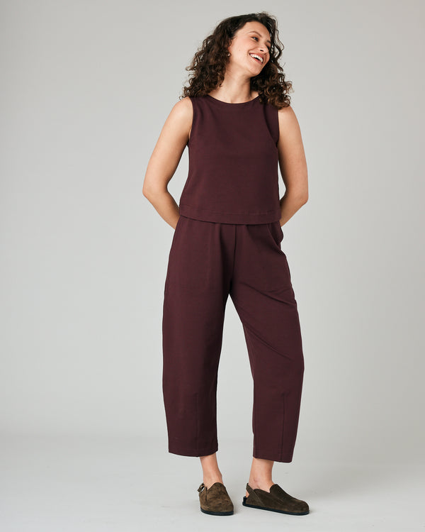 pregnant model wears burgundy jersey esme top