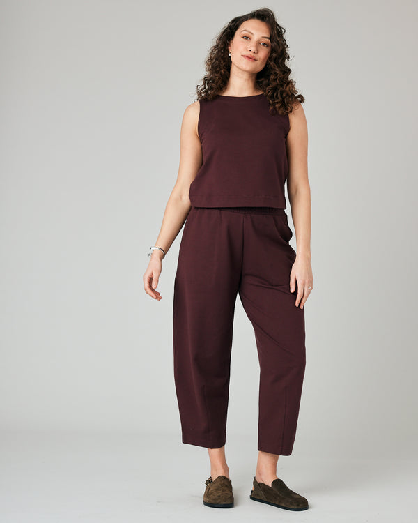 pregnant model wears burgundy jersey esme top