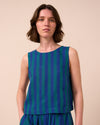 model wears esme house blue stripe linen top