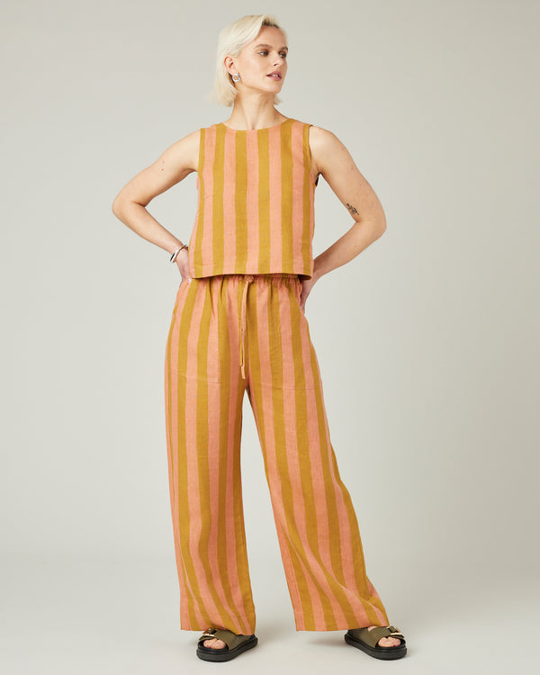 model wears pollen stripe linen lexi trousers