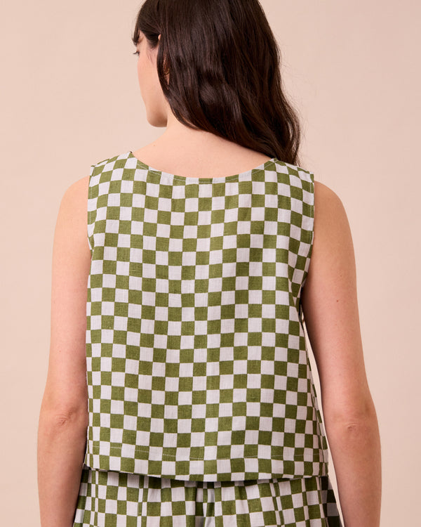 model wears esme sky checkerboard linen top