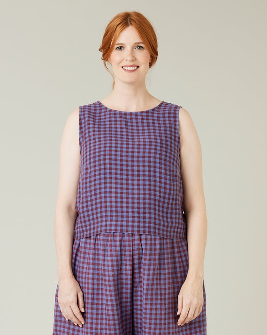 pregnant model wears blueberry check linen esme top