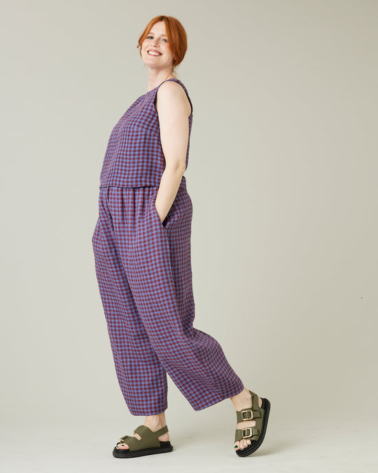 pregnant model wears blueberry check linen esme top