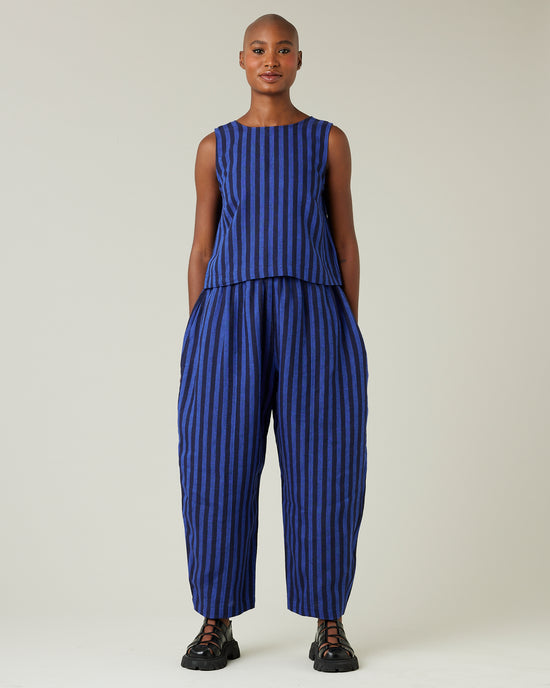 model wears indigo stripe linen mabel trousers