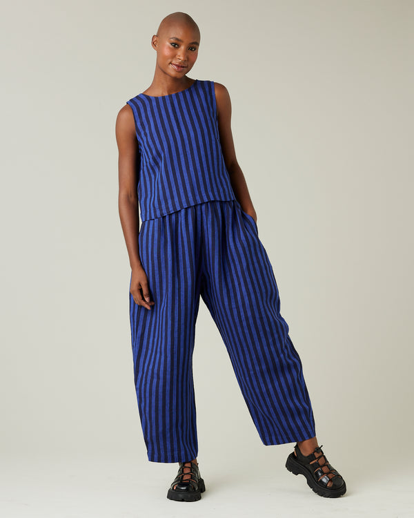 model wears indigo stripe linen esme top