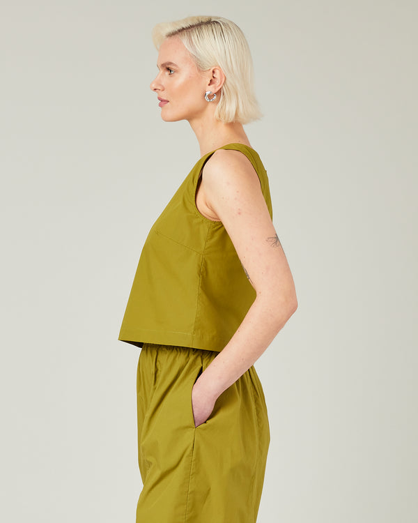model wears olive poplin esme top