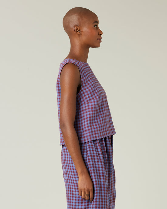 model wears blueberry check linen esme top