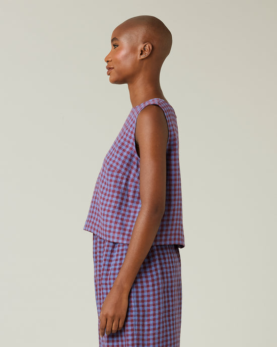 model wears blueberry check linen esme top