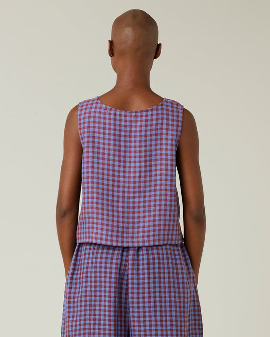 model wears blueberry check linen esme top