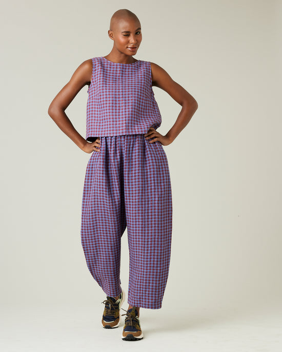 model wears blueberry check linen esme top