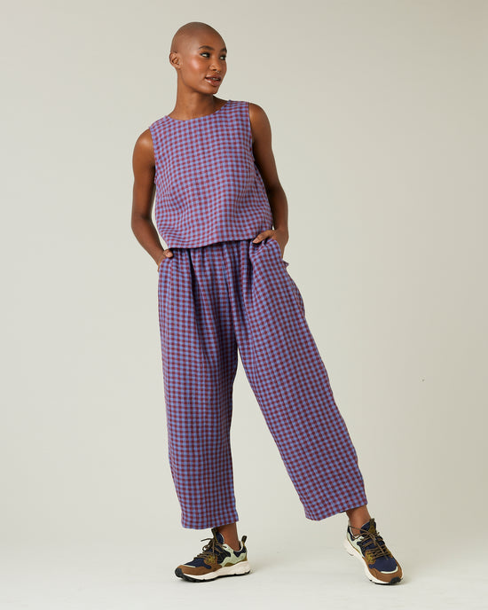 model wears blueberry check linen esme top