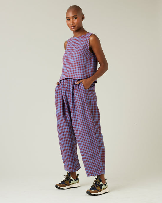 model wears blueberry check linen esme top