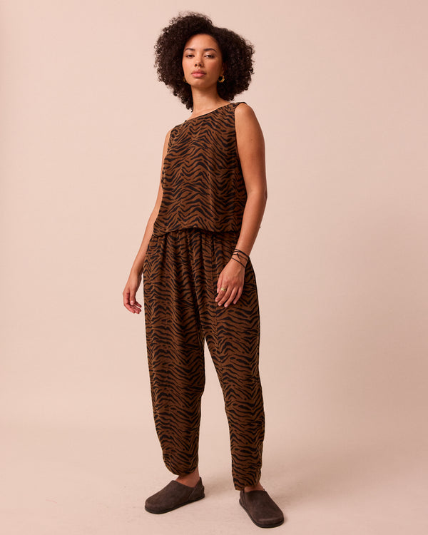 model wears esme tiger print cupro top