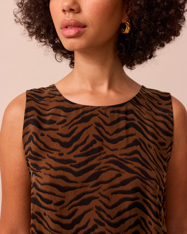 model wears esme tiger print cupro top