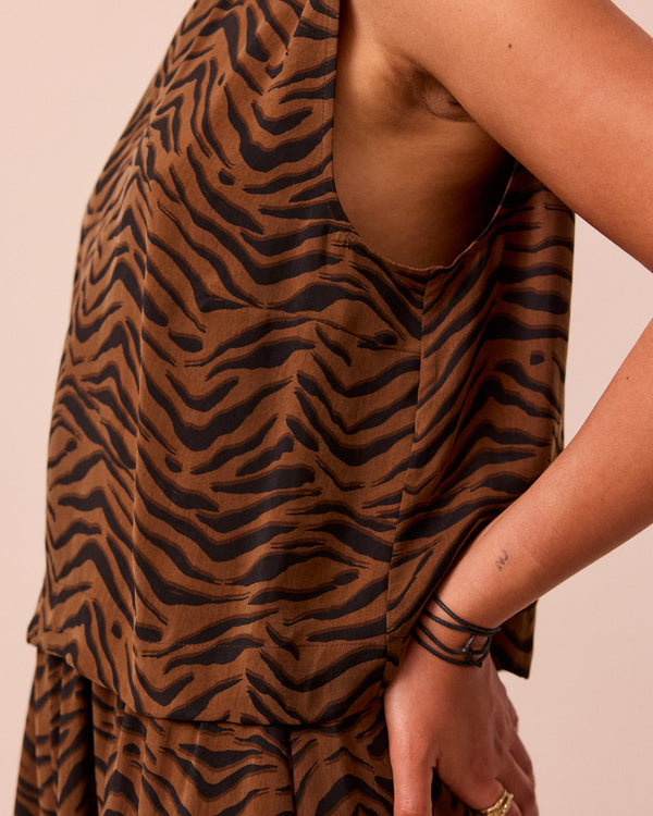 model wears esme tiger print cupro top