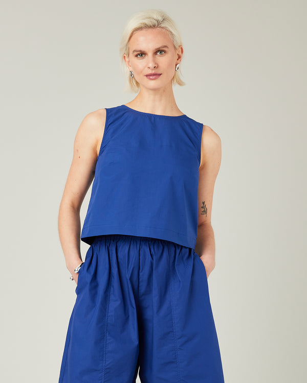 model wears cobalt poplin esme top
