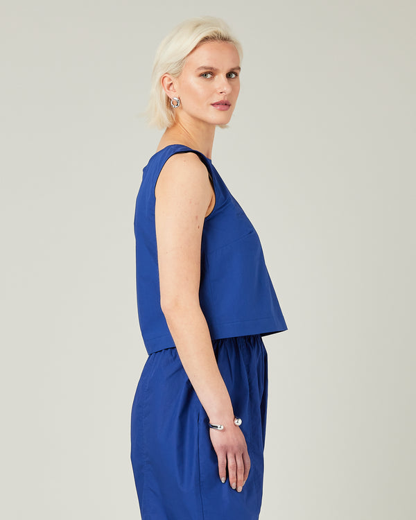 model wears cobalt poplin esme top