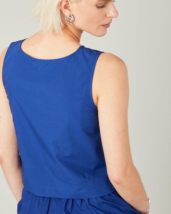 model wears cobalt poplin esme top