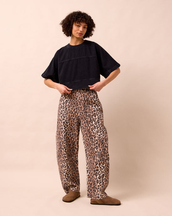 model wears eva washed black denim t shirt