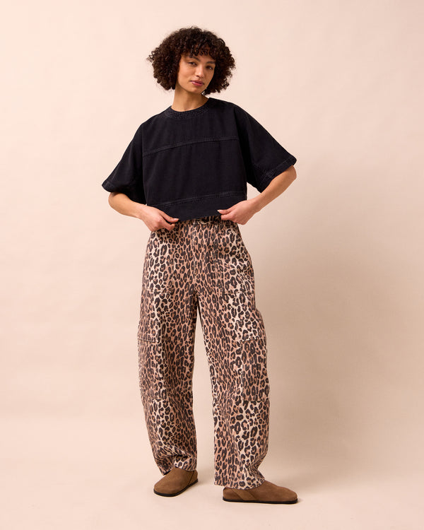 model wears eva washed black denim t shirt