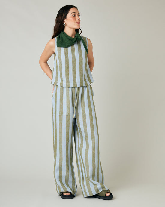 model wears esme linen meadow stripe top