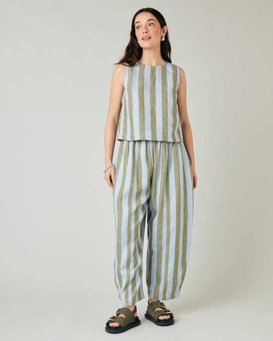 model wears meadow stripe mabel linen tousers