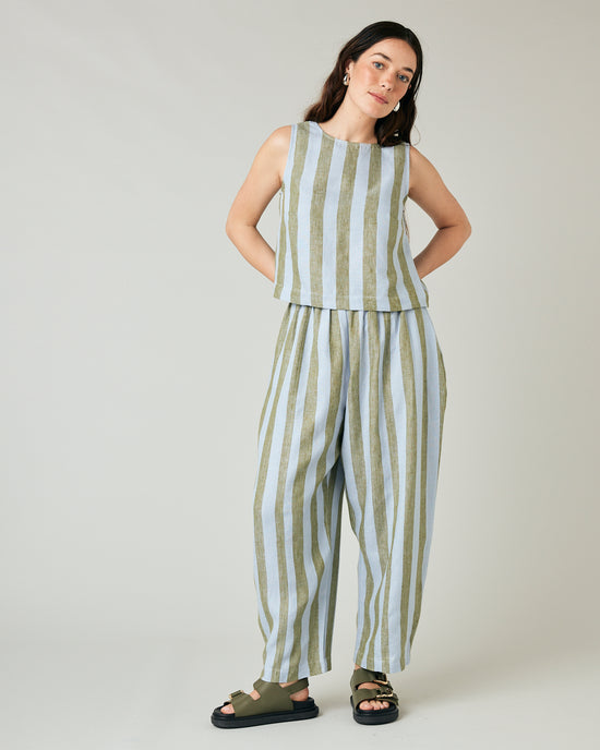 model wears meadow stripe mabel linen tousers