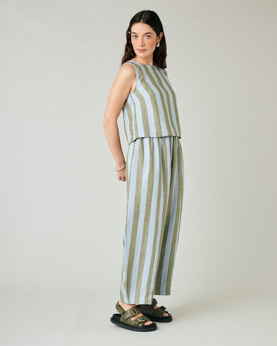 model wears esme linen meadow stripe top