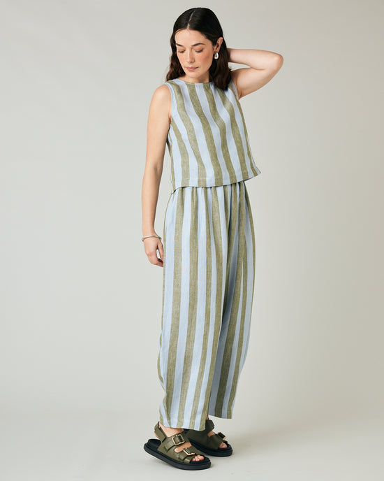 model wears esme linen meadow stripe top