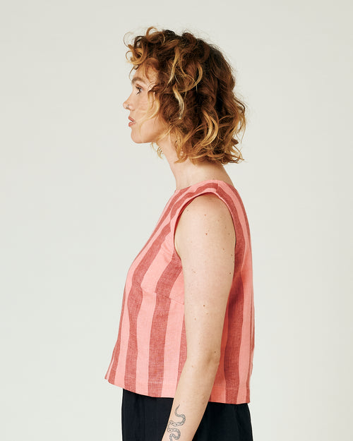 model wears blush stripe linen esme top