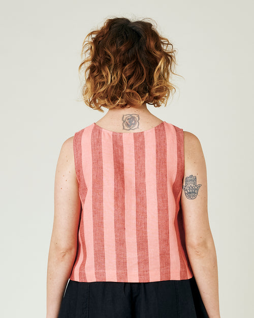 model wears blush stripe linen esme top